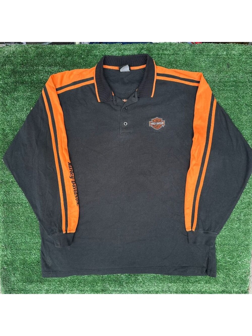 Vintage Y2K Harley Davidson Long Sleeve Rugby Polo Shirt XL Black Biker Grunge